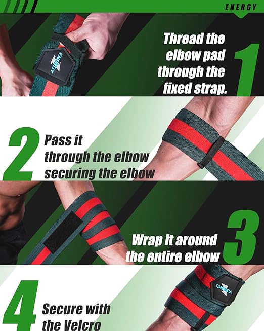 kcross Elbow Wraps for Weightlifting, 47" Strengthening support Elbow Sleeve Weightlifting (1 Pair) for Powerlifting, Bench Press, Gym Workout (Red Green Striped)