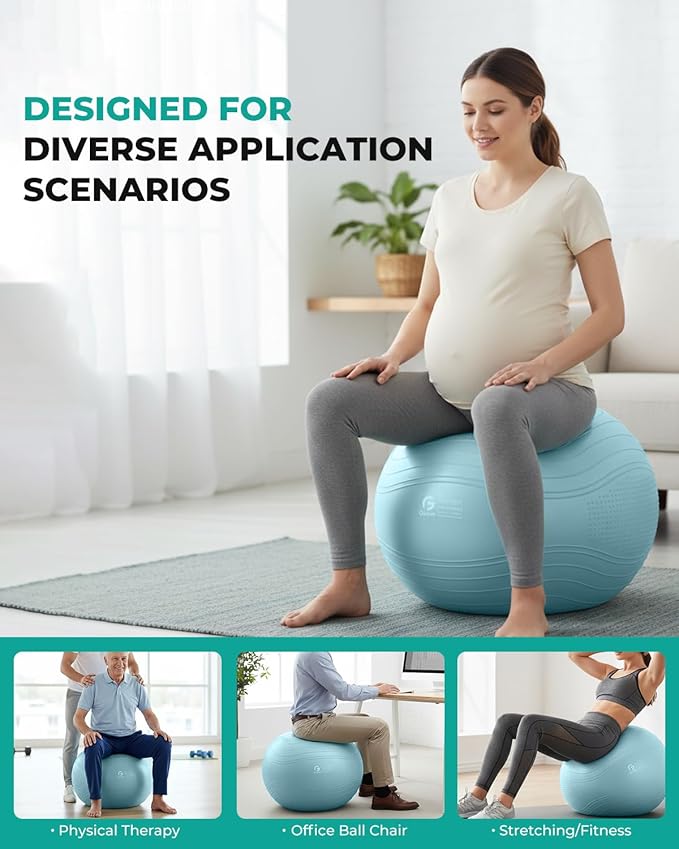 Gruper Yoga Ball, Extra Thick Exercise Ball for Workout Pregnancy Stability - 4 Sizes Anti Burst Balance Ball for Yoga, Pilates, Fitness, Birthing, Physical Therapy - Includes Pump