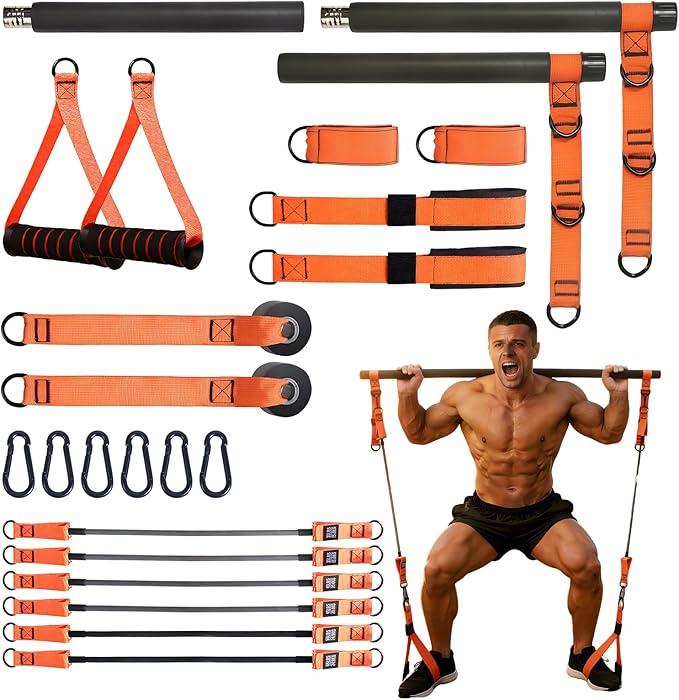 Pilates Bar Kit with Resistance Bands for Men, Heavy Duty Home Gym Equipment for Full Body Workout, Strength Training, Legs, Hips, Arms, Abs, Chest – Portable Pilates Stick
