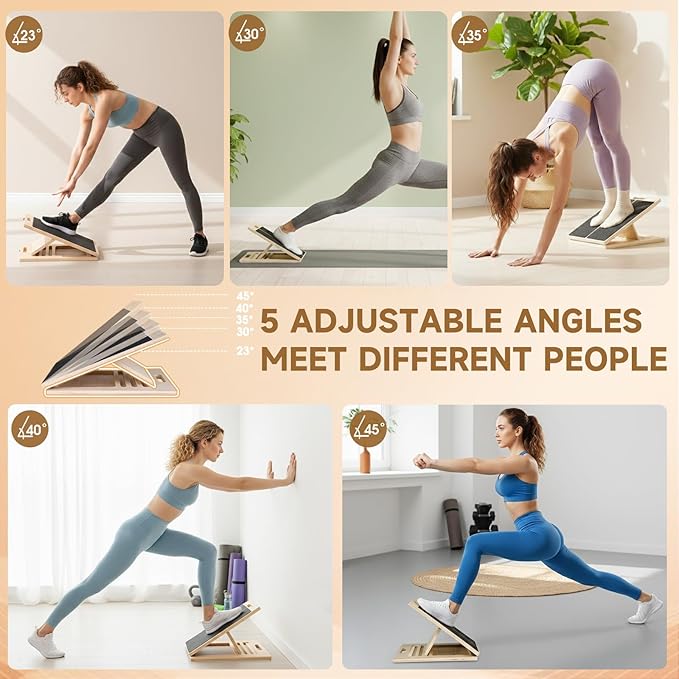 Adjustable Slant Board for Calves Stretching, Portable Wooden Incline Board for Balance Exercises, Durable Five Angles for Physical Therapy, Calf Stretcher Equipment with Muscles, Feet, Ankles, Knee