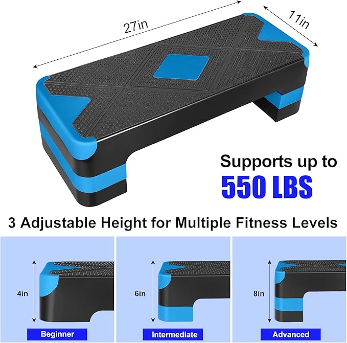 Adjustable Workout Aerobic Stepper in Fitness & Exercise Step Platform Trainer 3 settings adjustable height 4”-6”-8”