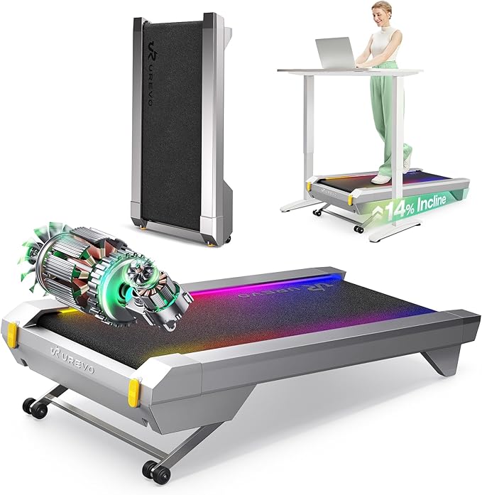 UREVO CyberPad Smart Walking Pad with 14% Auto Incline, Brushless Motorized Under Desk Treadmill for Home Office Fitness, Elegant Speed Lights, Spacious Surface, Digital Controller, AI-Powered App