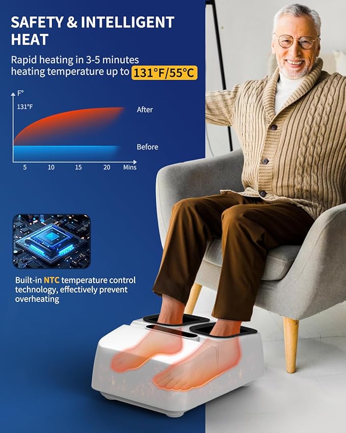 MOUNTRAX Foot Massager Machine with Heat, Foot Massager for Plantar Fasciitis, Neuropathy Pain, Shiatsu Foot Massager with Remote, Fits Feet Up to Men Size 13 (White)