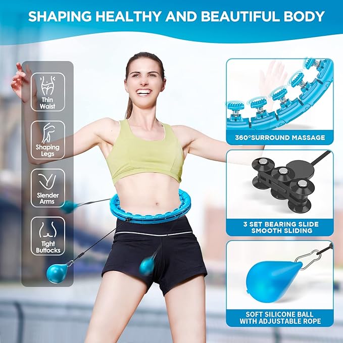 Weighted Exercise Hoop Plus Size, 32 Detachable Knots for Adults & Beginners, 2 in 1 Abdomen Fitness Massage Non Fall Smart Hooola Hoop with Auto Spinning Ball