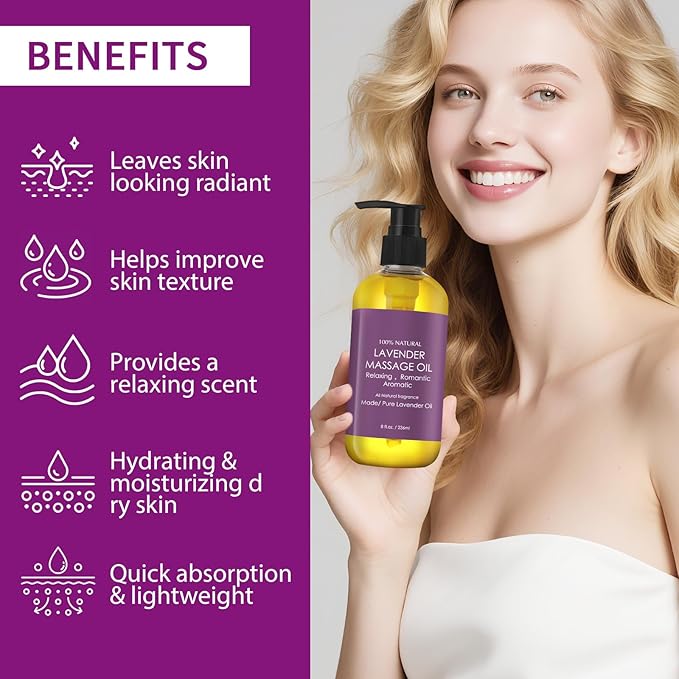 Lavender Massage Oil for Women,Massage Therapy Oil for Soreness & Stiffness,Relaxing Natural Oil for All Skin Types（8oz）