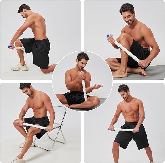 Muscle Roller Massage Roller Stick- Deep Tissue Fascia Blaster for Myofascial Pain Relief, Lymphatic Drainage & Body Sculpting, Handheld Physical Therapy & Recovery Tool (Blue White-24 inch)