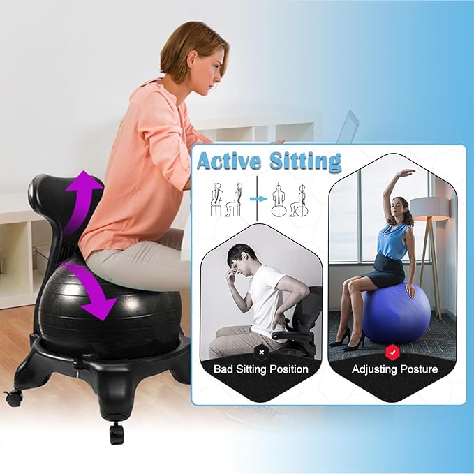 Medicine Ball Office Chair for Adults/Tall Person/Pregnancy, Inflatable Balance Ball Chair Exercise Stability Yoga Ball with Roller Base, Students Classroom Sensory Ball Chairs, Black