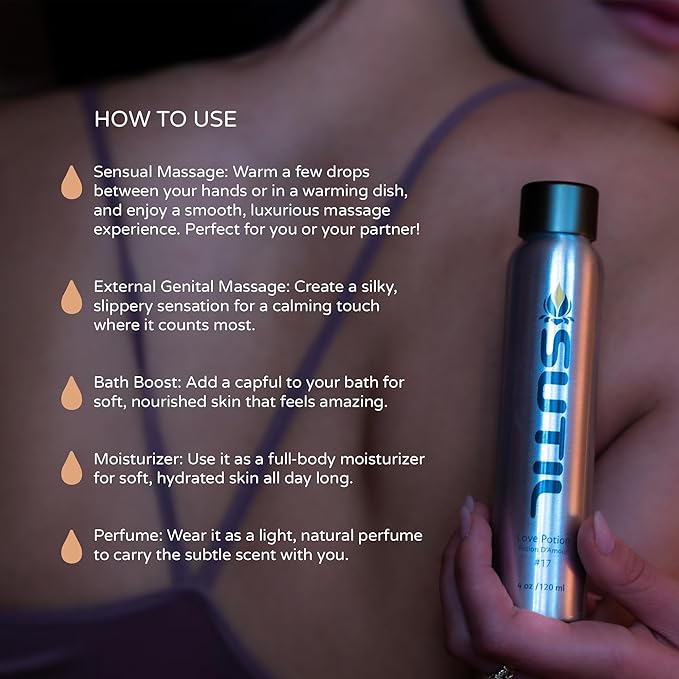 SUTIL Sensual Luxury | Love Potion #17 Massage Oil | Non Sticky Aphrodisiac Essential Oil | Botanical Arousal Oil for Women, Men, & Couples (Love Potion #17, 4 Oz)