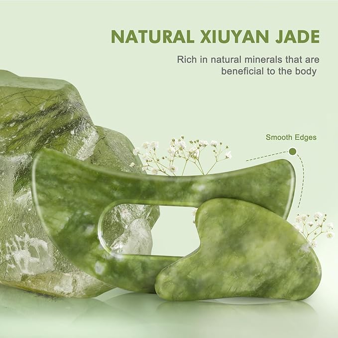 2 PCS Jade Stone Gua Sha Massage Tool Set Body GuaSha Tool with Handle Muscle Scraping Massage Tools Facial Anti Cellulite Spa Acupuncture Tools for Massage, Lymphatic Drainage Valentine's Day Gifts