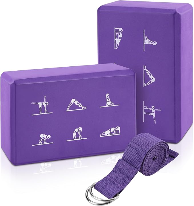 2 Yoga Block and 2 Yoga Strap Set,Non-slip EVA Foam Blocks, High Density Yoga Bricks with 6ft Strap, Supportive Latex-Free Yoga Block Accessories for Pilates