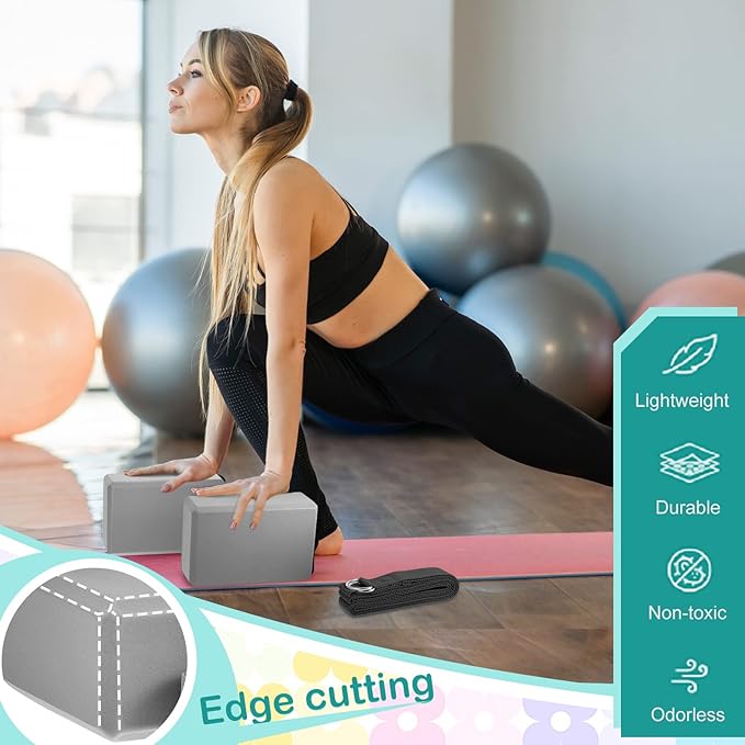 Meooeck 18 Pcs Yoga Blocks and Strap Set Include 12 EVA Foam Yoga Blocks Bulk 9"x6"x3" with 6 Adjustable 8 ft Straps D Ring Non Slip Props for Stretching Pilates Workout Studio Home Gym