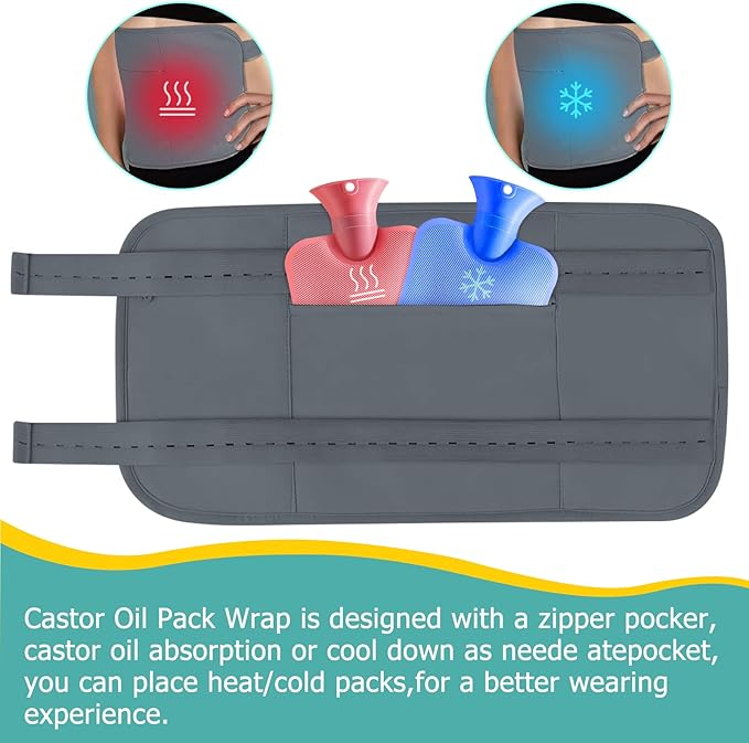 4Pack Castor Oil Pack for Chest, Neck and Abdomen, Reusable Compress Castor Oil Pack Wrap for Abdomen with Adjustable Elastic Strap Flannel Cotton Machine Washable Anti Oil Leak -Grey