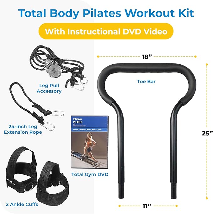 Total Gym PILS Men & Women Full Body Pilates Workout Kit, w/ Instructional DVD, Toe Bar, Leg Pull Accessory, Leg Extension Rope, & Ankle Cuffs, Black