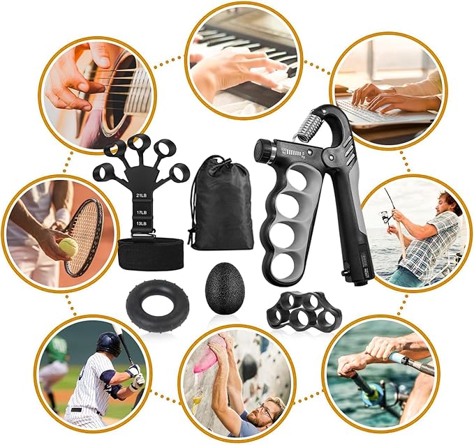 5-Piece Hand Grip Strengthener Exercise Kit - Adjustable Resistance (5-100kg) With Digital Display Forearm Grip + Finger Stretcher + Pressure Relief Ball Suitable for Athletes / Musicians Hand Training and Injury Recovery Tool