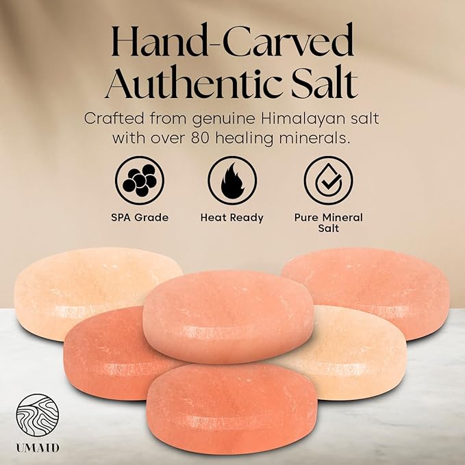 UMAID Himalayan Salt Massage Stones 6-Pack with Cotton Mesh Bag Hand-Carved Pink Crystal Spa Stones for Relaxation, Self-Care & Holiday Gifting