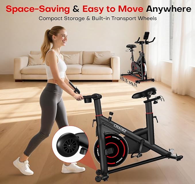 CHAOKE Exercise Bike, Quiet Adjustable Magnetic Stationary Bike for Home Cardio with App Compatible, 350LB Weight Capacity Indoor Cycling Bike with Large Seat, Dumbbell Rack, Pull Cords & LCD Display