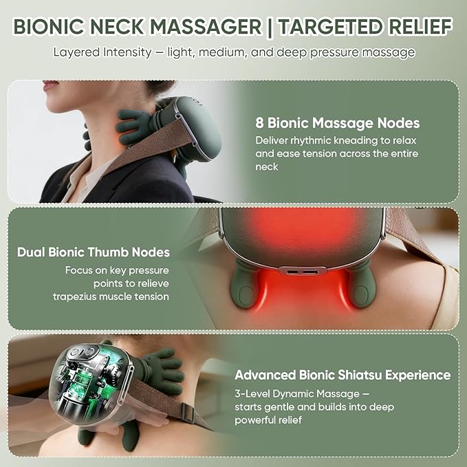 Bionic Neck Massager with Adjustable Heat, Portable Deep Tissue 4D Kneading Electric Shoulder Massager, Compact Design with Soft Silicone Massage Heads for Relaxation and Comfort