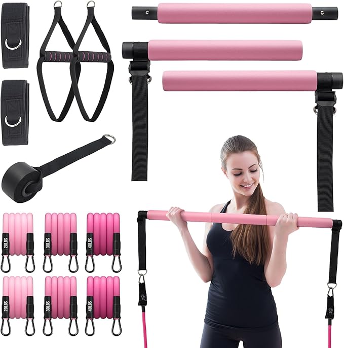 Pilates Bar Kit with Resistance Bands, Multifunctional Pilates Bar for Women & Men with Heavy-Duty Metal Adjustment Buckle, Pilates Home Equipment for Full Body Workouts