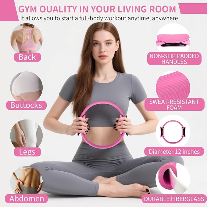 Pilates Kit for Home Workouts for Women-12-Piece Equipment Set with Ring,Yoga Ball,5 Resistance Bands,Figure-8 Band,Arm Stretcher,Grippy Socks,Storage Bag for Toning,Strength & Flexibility
