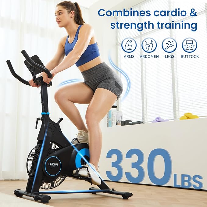 ERGOLIFE Air Magnetic Resistance Exercise Bike, Stationary Fan Bike with Exclusive App, 8 Resistances Indoor Cycling with 300lbs Weight Capacity & Tablet Holder for Weight Loss