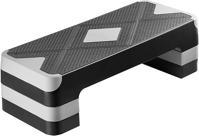 Aerobic Exercise Step Platform, 28-Inch Workout Aerobic Stepper, Height Adjustable Fitness Training Step Deck Trainer with 4 Risers, Non-Slip Surface Bench for Home Gym Cardio Strength, Gray