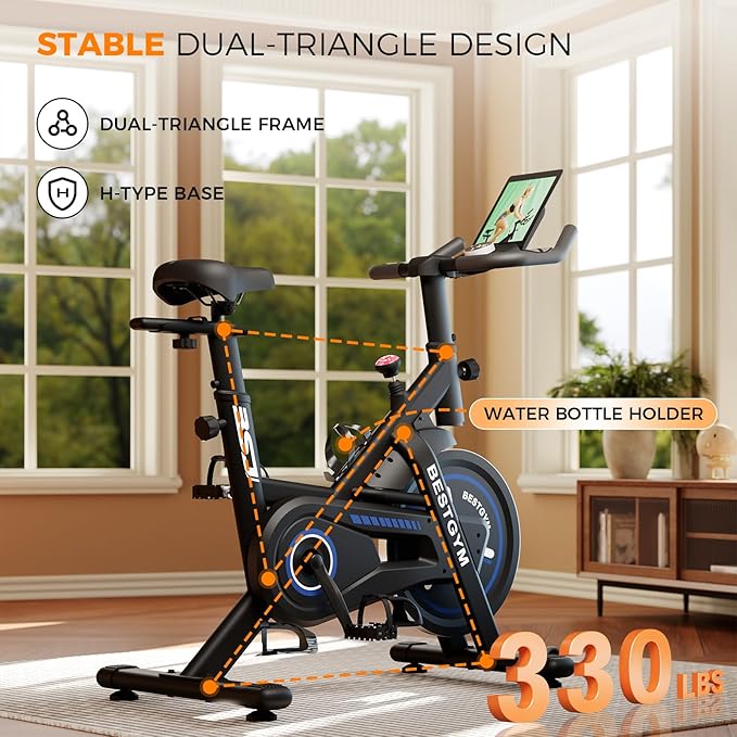 Exercise Bike, Brake Pad/Magnetic Stationary Bike with App, Low Noise Indoor Cycling Bike with 330lbs Weight Capacity, Adjustable Seat, Tablet Holder, Water Bottle Holder for Home Fitness and Weight Loss