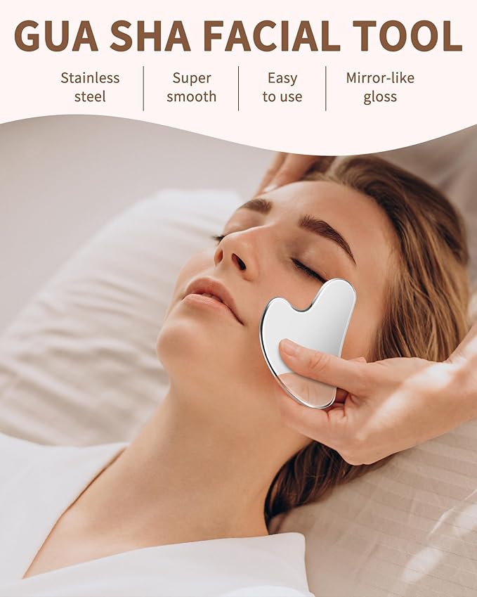 VGY Stainless Steel Gua Sha Facial Tools Set, Tighten Skin Massage Guasha Beauty Tool, Metal Guasha Tool for Face, Face Massager Tool for Body Eyes Neck - Silver