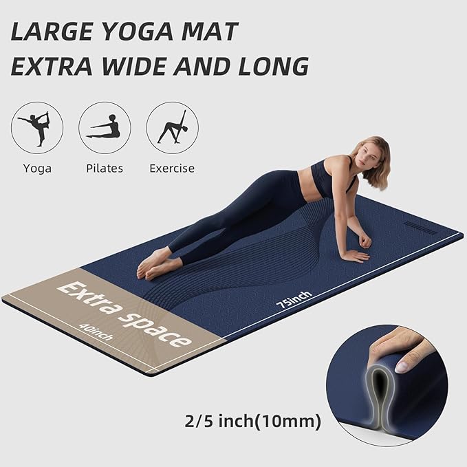 Large Yoga Mat 76"x 40"x10mm (2/5 inch) – Extra Thick & Wide, TPE Fitness Mat, Printed Non-Slip Exercise Mat with Carrying Strap for Men & Women, Pilates, Stretching, Fitness & Workout