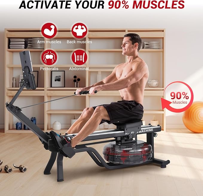 Garveelife Water Rowing Machines for Home, 380 LBS Capacity Rower Machine with Digital Monitor, Wide Ergonomic Seating and Tablet Holder, App Compatible