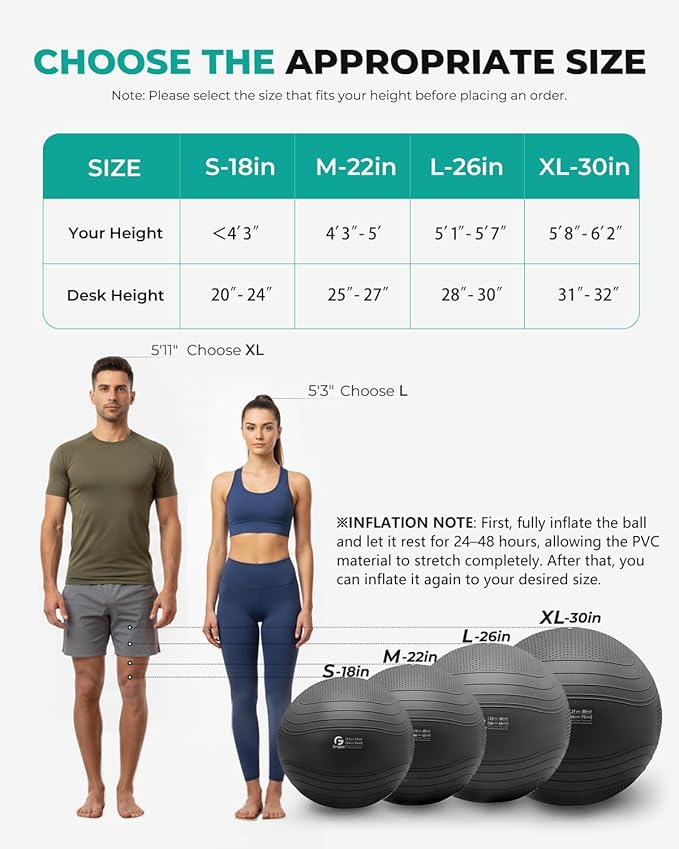 Gruper Yoga Ball, Extra Thick Exercise Ball for Workout Pregnancy Stability - 4 Sizes Anti Burst Balance Ball for Yoga, Pilates, Fitness, Birthing, Physical Therapy - Includes Pump