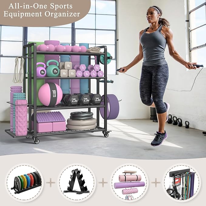 4-Tier Dumbbell Rack Stand Only, Adjustable Weight Rack for Dumbbells Kettlebells Yoga Mat, Home Gym Storage Rack with Wheels and Hooks, Powder Coated Finish