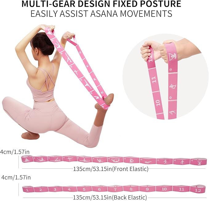 Yoga Strap with 10/12 Loops - Multi-Functional Stretch Band for Pilates, Dance, Gymnastics, Physical Therapy, Flexibility & Resistance Training, Ballet, Latin Workouts