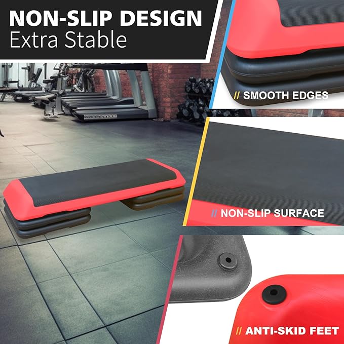 43''Inch Adjustable Aerobic Exercise Step Platform with 4 Stackable Risers - Home Gym Fitness Stepper for Cardio, Strength Training