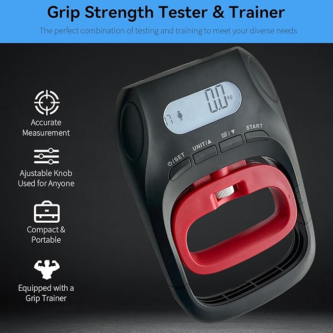 Grip Strength Tester Trainer, LCD Hand Dynamometer with 19-User Memory, Max 400lbs/180kg Capacity, Suitable for Sport Home Gym Use