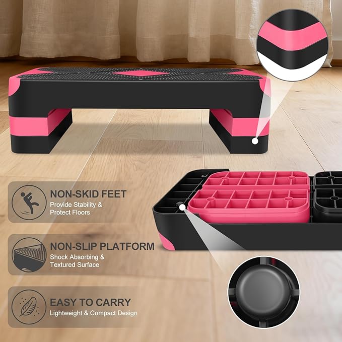 MIUDGIG 27" Exercise Workout Aerobic Step Platform Trainer, Adjustable Fitness 4-6-8in Exercise Stepper Workout with 4 Risers, Aerobics Stepper Workout Stepper for Home Gym Cardio Strength & Training