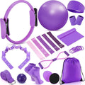 Poen 18 Pcs Home Pilates Ball and Ring Circle Set Yoga Fitness Essentials Kit with 5 Resistance Band Stretching Strap Non Slip Sock Ball Core Slider Wristband Headband Gym Bag for Women
