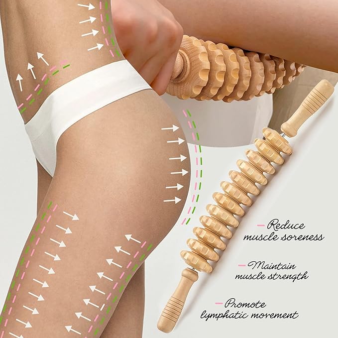 Wooden Curved Handheld Roller Massager Stick- 12 Rollers Wood Therapy Tool for Trigger Point, Fascia & Cellulite Reduction, Lymphatic Drainage, Muscle Tension Relief & Body Shaping (Wood)