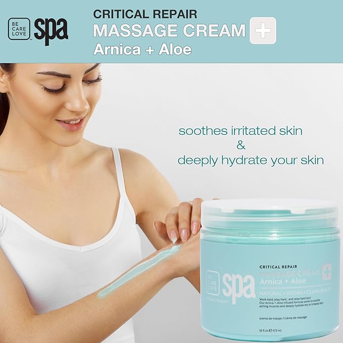 BCL Spa Critical Repair Massage Cream with Arnica, Aloe Vera, Kelp, Argan Oil, Shea Butter | Soothing Relief and deep Skin Nourishment Body Moisturizer, Vegan, Organic | Made in USA | 16 fl oz