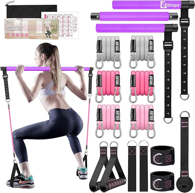 Pilates Bar Kit with Resistance Bands,Pilates Bar with Stackable Bands Workout Equipment for Legs,Hip,Waist and Arm,Exercise Fitness Equipment for Women & Men Home Gym Yoga Pilates
