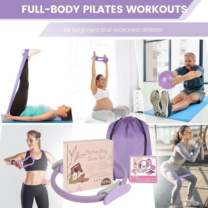 Home Pilates Essentials Kit for Women - Complete Pink Equipment Set with 9 Inch Yoga Ball, Figure 8 Resistance Band, Bands & Accessories, Ring for Beginners Workouts