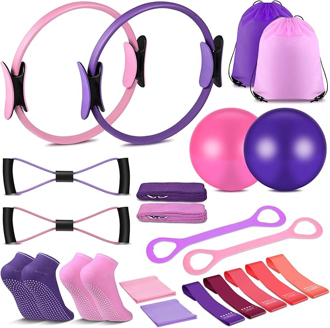 21 Pcs Pilates Ring Circle Set - Complete Home Workout Equipment Kit for Women with Resistance Bands, Yoga, Stretching Strap, and Non-Slip Socks
