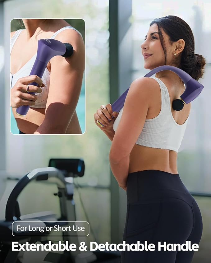 2-in-1 Detachable Muscle Massage Gun Deep Tissue with 20'' Extension Handle, Back and Neck Massager for Pain Relief, Handheld Massager for Shoulder Lower Back Leg Waist, Purple