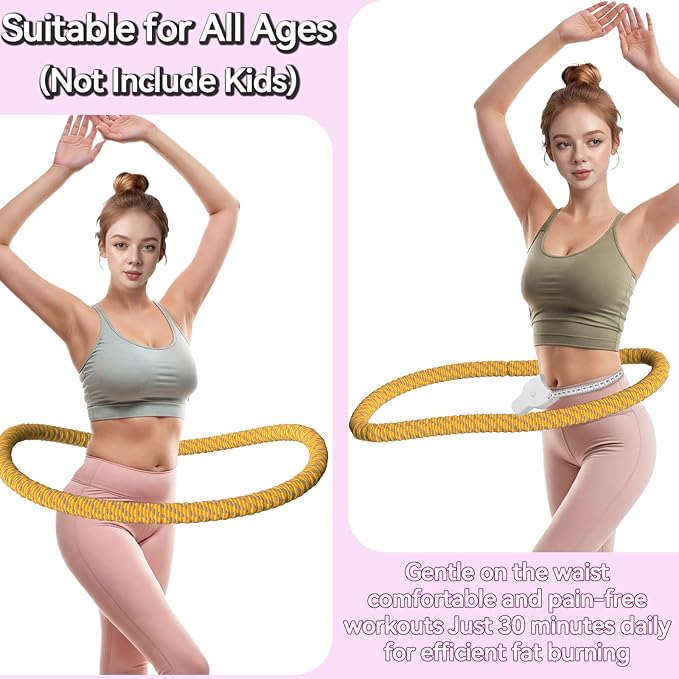 3lbs Soft Spring Weighted Hoop for Adults, Portable Fitness Infinity Hoop with Body Tape Measure, Quiet & Pinch-Proof Design, Exercise Hoop for Core Workout (Yellow)