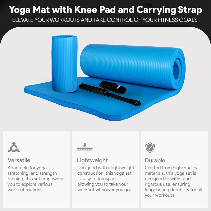 BalanceFrom 71x24 Inches Yoga Mat with Knee Pad and Optional Blocks – Extra 1-Inch Thick Non-Slip Foam with Anti-Tear Surface and Carrying Strap for Home, Studio, or Gym Workouts