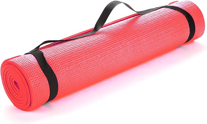 Mind Reader All Purpose Extra Thick Yoga Mat Fitness & Exercise Mats with Carrying Strap, High Density Anti-Tear, Red