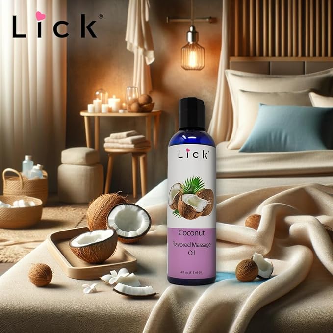 Lick Coconut Flavored Massage Oil – Tropical Edible Massage Oil with Sweet Almond Oil & Vitamin E, Hydrating Body-Safe Formula for Relaxing Couples Massage, 4 oz
