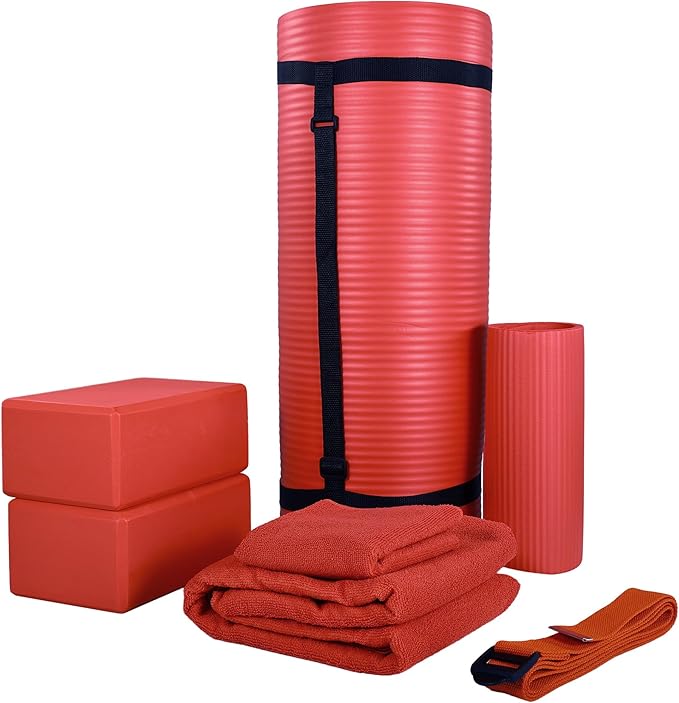 BalanceFrom 7-Piece Yoga Set with 71x24x1 Inches Extra Thick Mat and Carrying Sling – Includes 2 Blocks, Stretch Strap, 2 Towels, and Knee Pad for Home, Studio, and Gym Workouts
