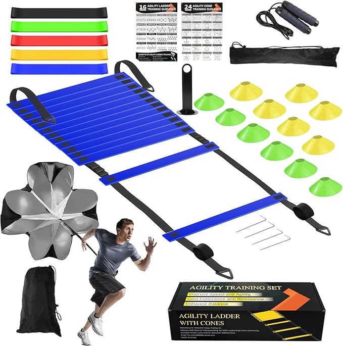 Speed Agility Training Equipment Set, Agility Ladder 20ft, 12 Football Cones, Resistance Parachute/Soccer Kick Trainer, Jump Rope, 5 Resistance Bands, Football Practice Equipment for Kids Adults