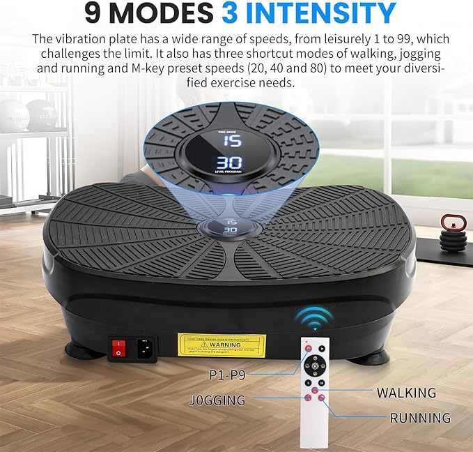 Vibration Plate Exercise Machine, 9 Preset Modes & 99-Level Full Body Workout Vibrating Plate for Lymphatic Drainage Weight Loss, 400lbs Capacity Shake Fitness Platform with Resistance Bands