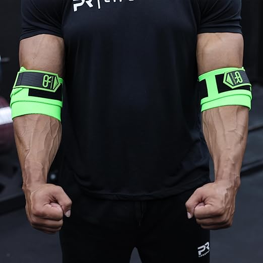 Elbow Wraps for Weightlifting - Heavy Duty Construction, 25% More Elasticity, Reinforced Stitching, Extra Wide Fastener, Easy to Adjust, (Neon)